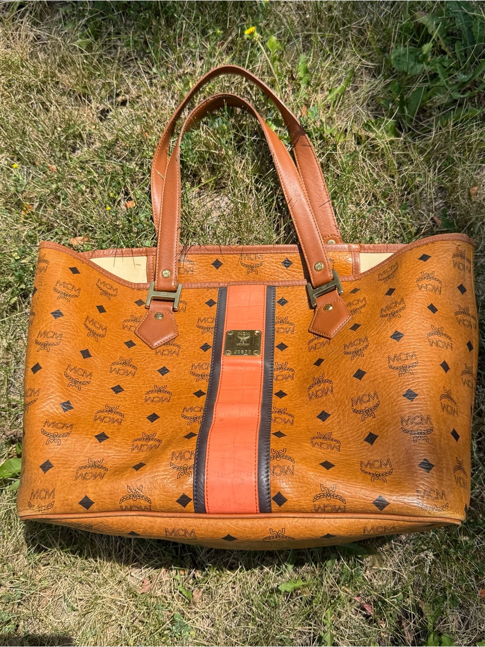 🧡 MCM Cognac Visetos Tote with Orange Stripe